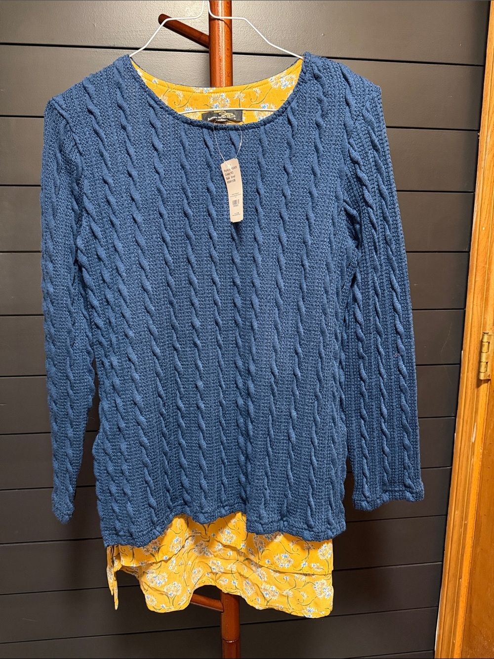 Suzanne Betro Blue Cable Knit Sweater with Yellow Floral Underlayer